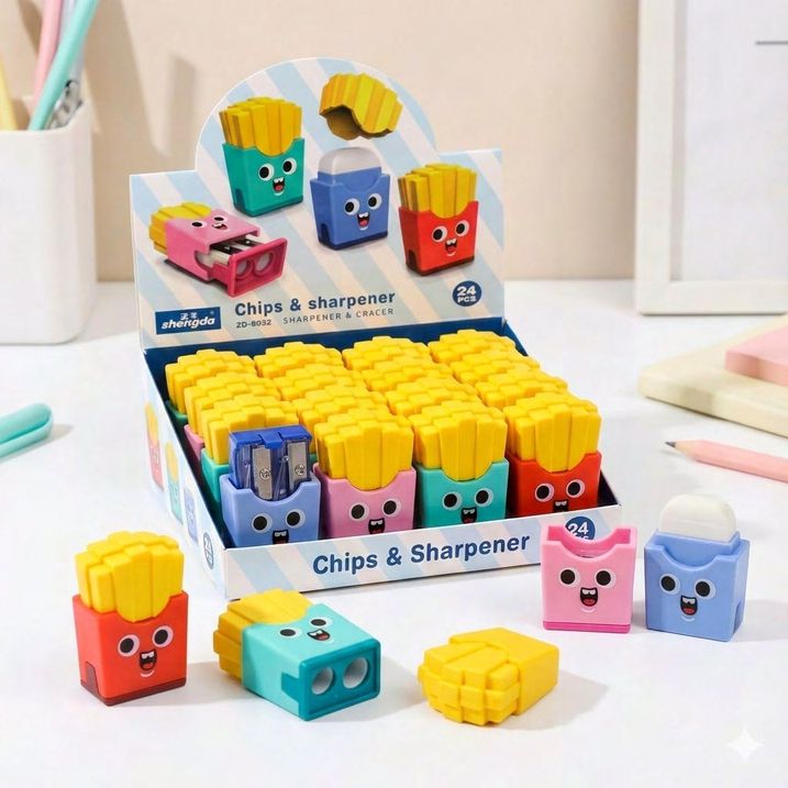 French Fries Pencil Sharpener with Storage – Cute Double Hole Sharpener (Single Piece)