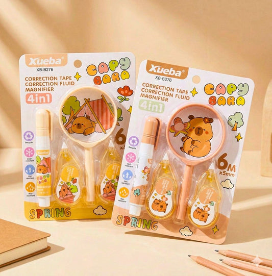 Cute Capybara 4-in-1 Stationery Set – Correction Tape, Fluid & Magnifier Combo for Kids