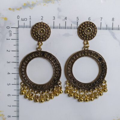 Antique Golden Circular Jhumka Small Earrings with Ghungroo Drops